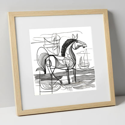 Abstract Coastal Equine beach horse art print in natural frame