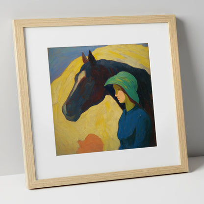 The Quiet Bond horse & rider art print in natural frame