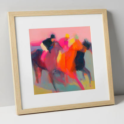 Thundering Silks racing horse art print in natural frame
