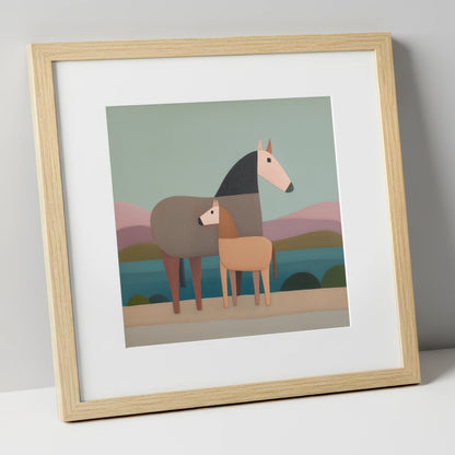 Stylised Equine Harmony mare & foal art print in natural frame