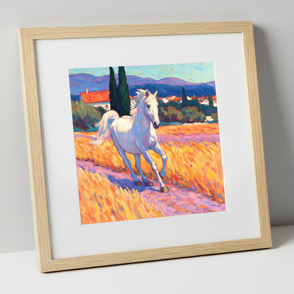 Sunlit Provincial Grey horse breed art print in natural frame