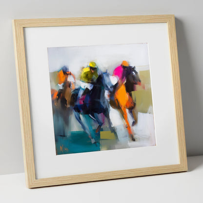 Rush of Silks racing horse art print in natural frame