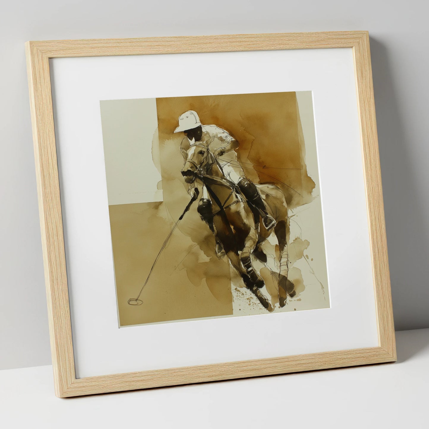 Sepia Polo Charge polo horse art print in natural frame