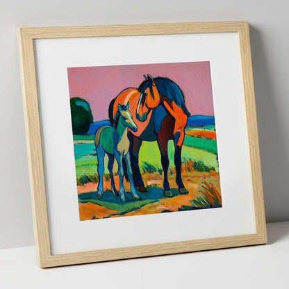 Vivid Bonds mare & foal art print in natural frame