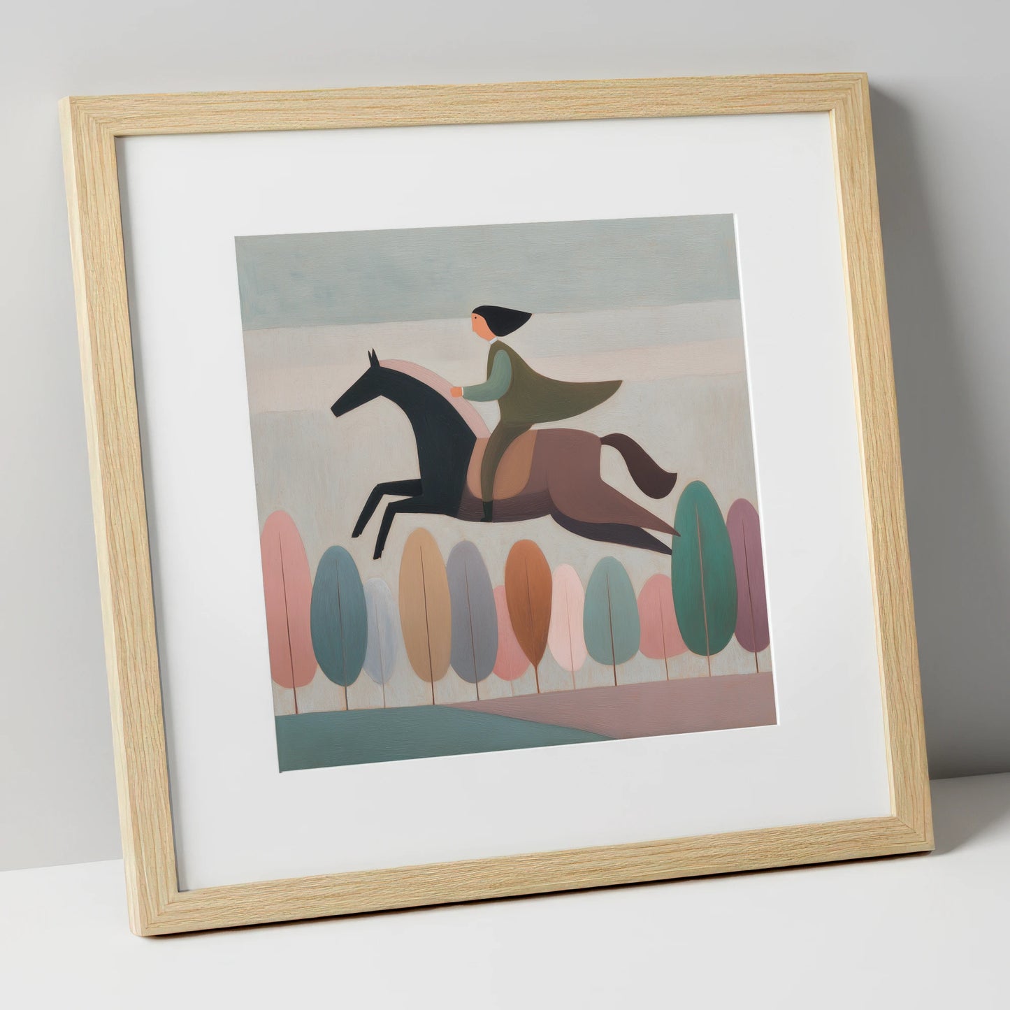 Above the Canopy show jumping horse art print in natural frame