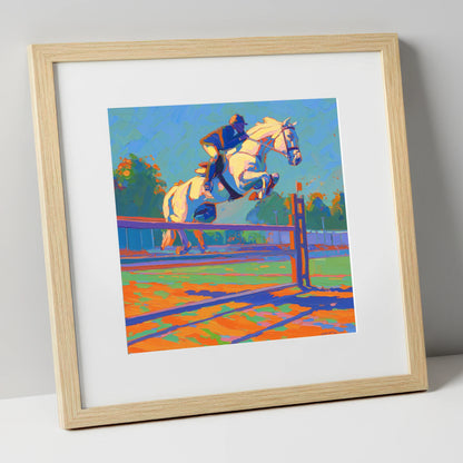 Vibrant Clearance show jumping horse art print in natural frame