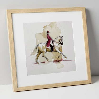 The Crimson Tailcoat dressage horse art print in natural frame