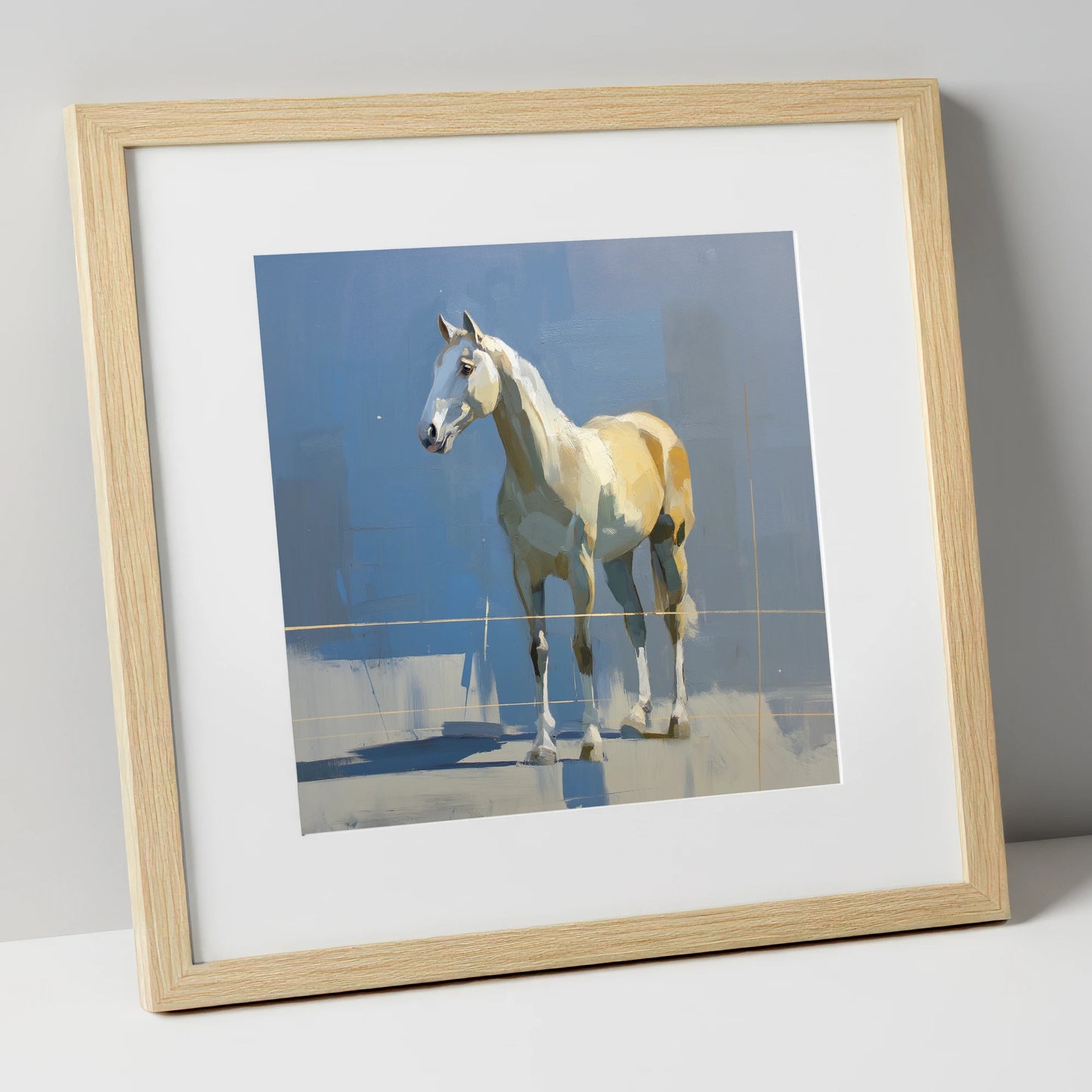 Sunlit Grey on Slate horse portrait art print in natural frame