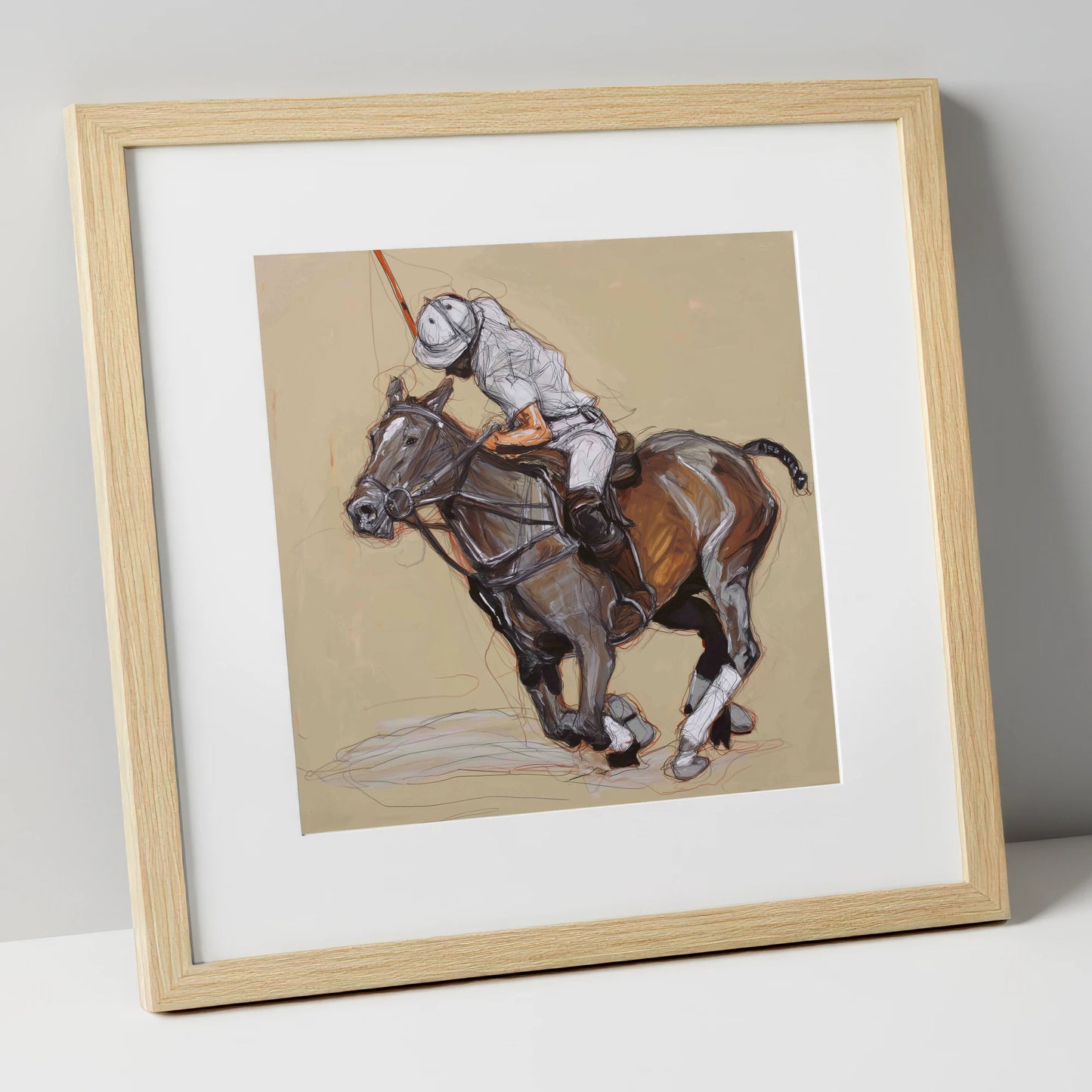 Momentum on the Field polo horse art print in natural frame