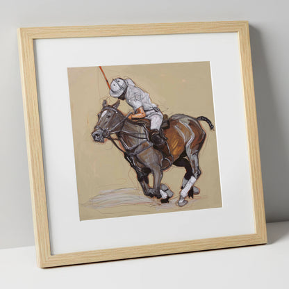 Momentum on the Field polo horse art print in natural frame