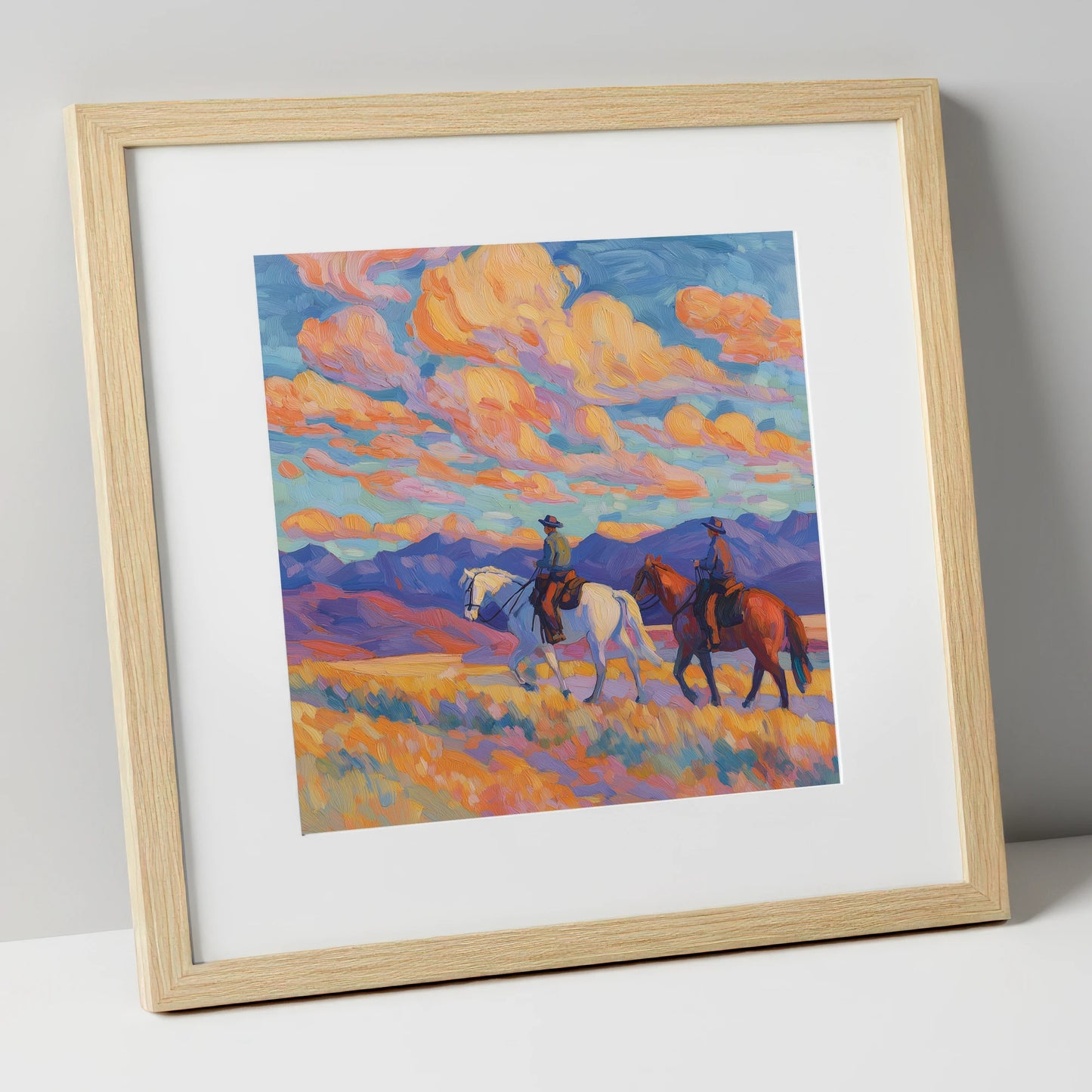Painted Horizon Riders horse landscape art print in natural frame