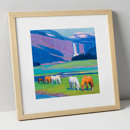 Waterfall Valley Pastures horse landscape art print in natural frame