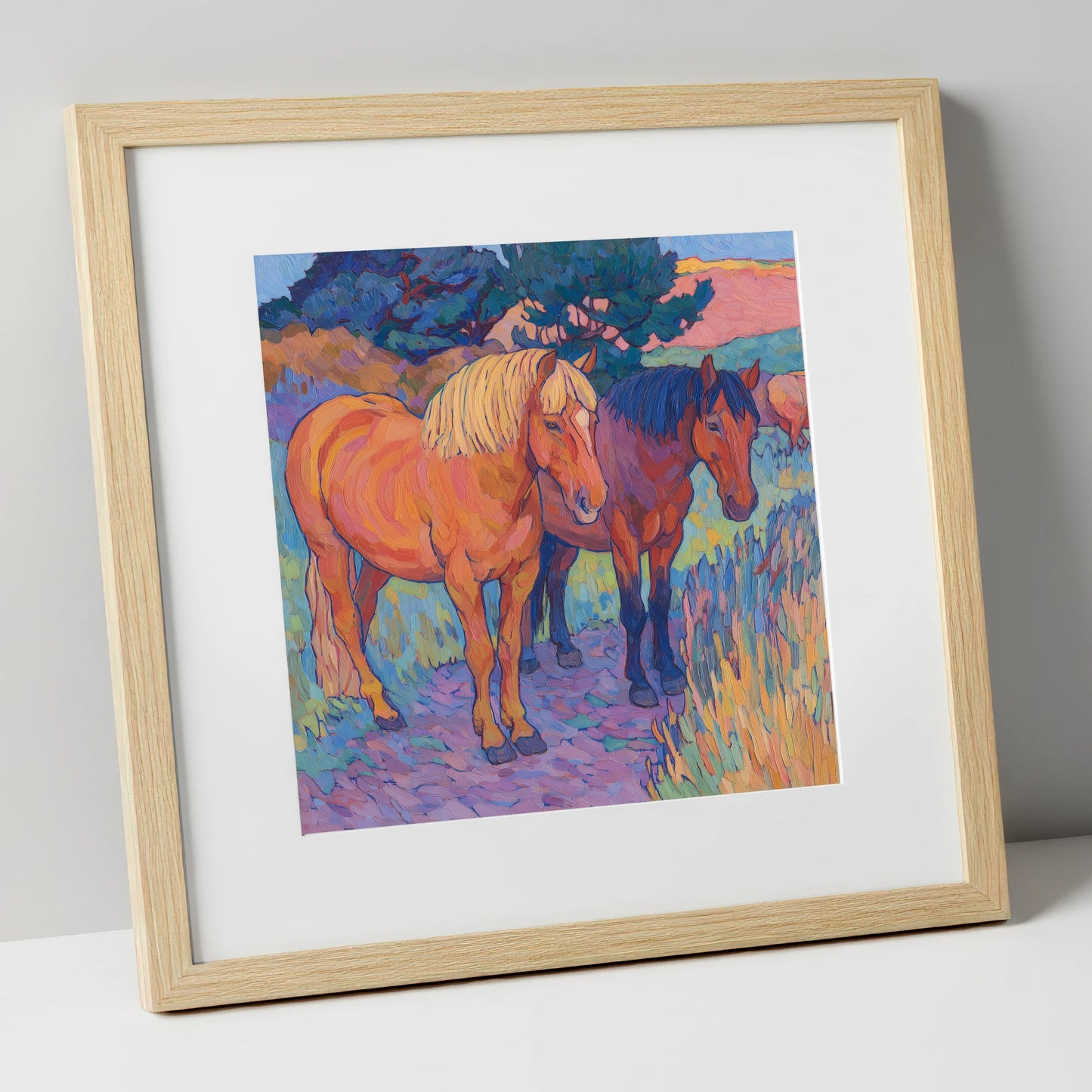 Sunset Pasture Companions horse landscape art print in natural frame