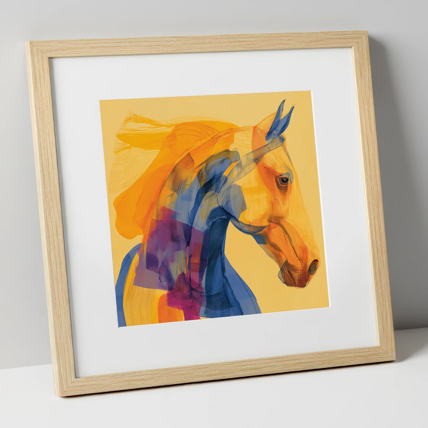 Vibrant Contour Profile horse breed art print in natural frame