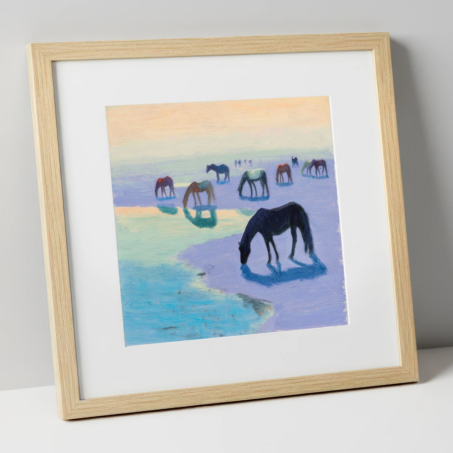 Lavender Tide Grazers wild horses art print in natural frame
