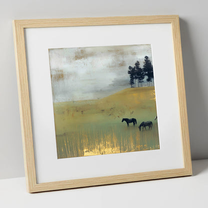 Gilded Grazing wild horses art print in natural frame