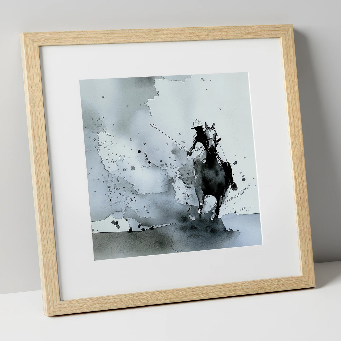 Out of the Mist polo horse art print in natural frame
