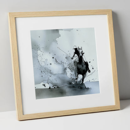 Out of the Mist polo horse art print in natural frame
