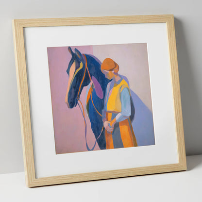 A Quiet Harmony horse & rider art print in natural frame