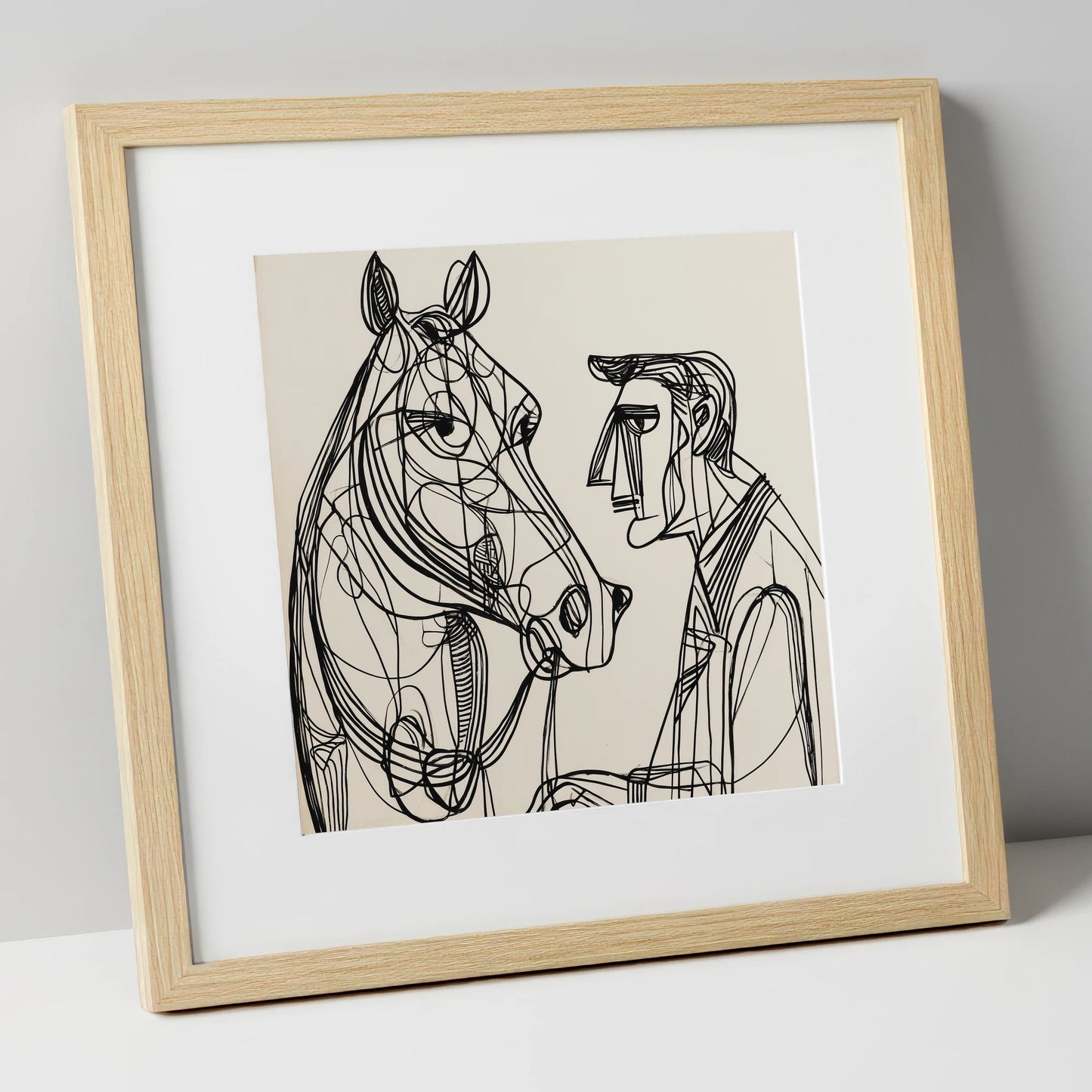 Modern Connection horse & rider art print in natural frame