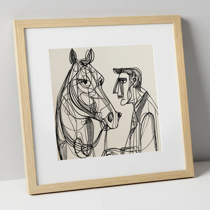 Modern Connection horse & rider art print in natural frame