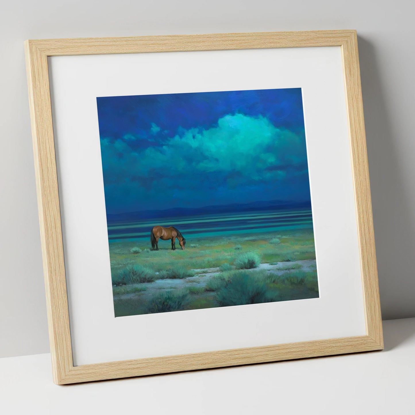 Midnight Solitude horse landscape art print in natural frame