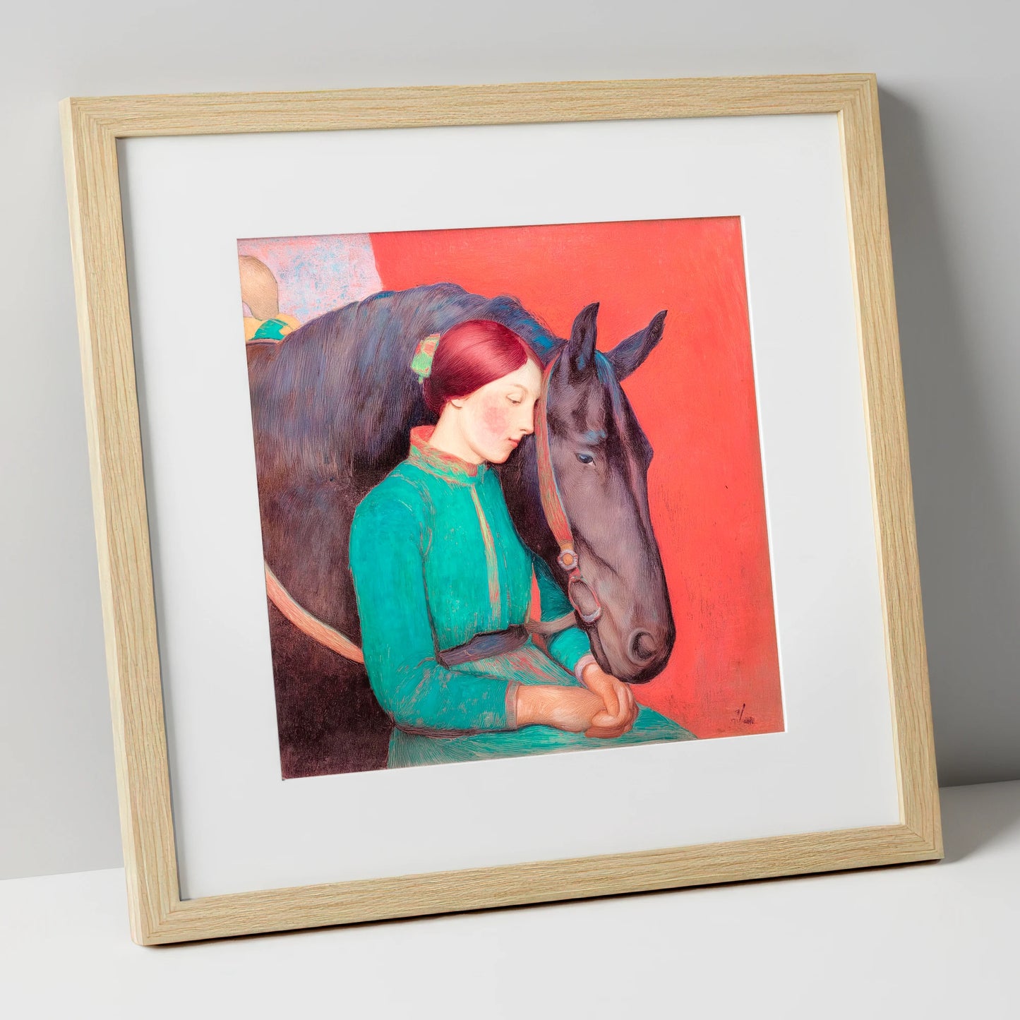 Silent Understanding horse & rider art print in natural frame