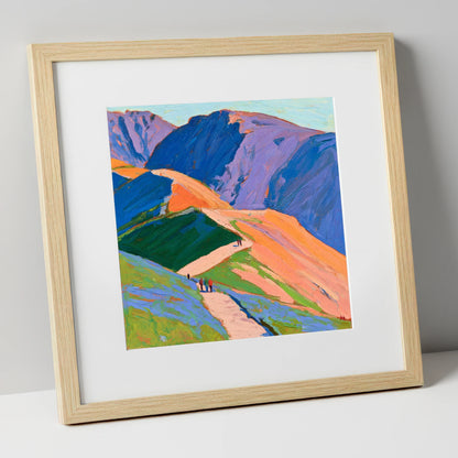 Vibrant Mountain Trail horse landscape art print in natural frame