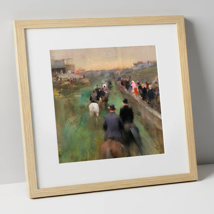 The Paddock Procession racing horse art print in natural frame