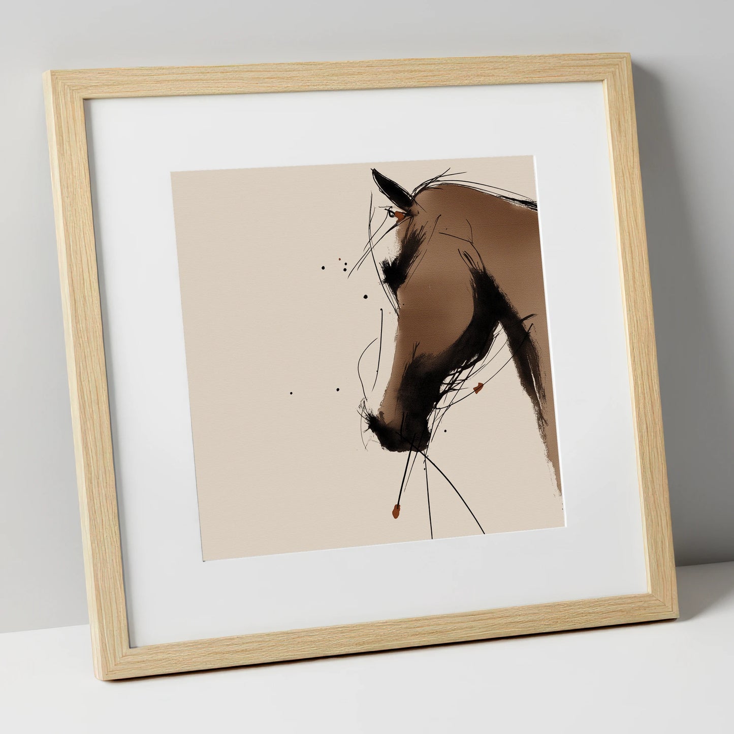 Sepia Ink Profile horse portrait art print in natural frame
