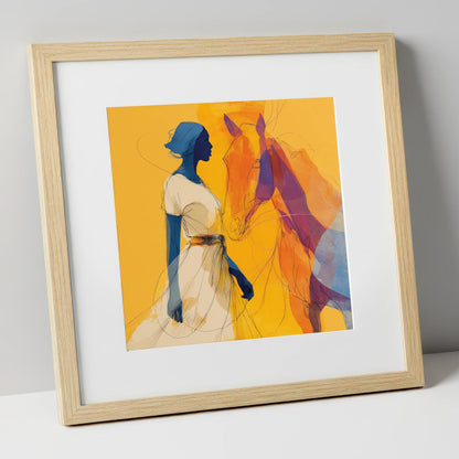 Golden Synchronicity horse & rider art print in natural frame
