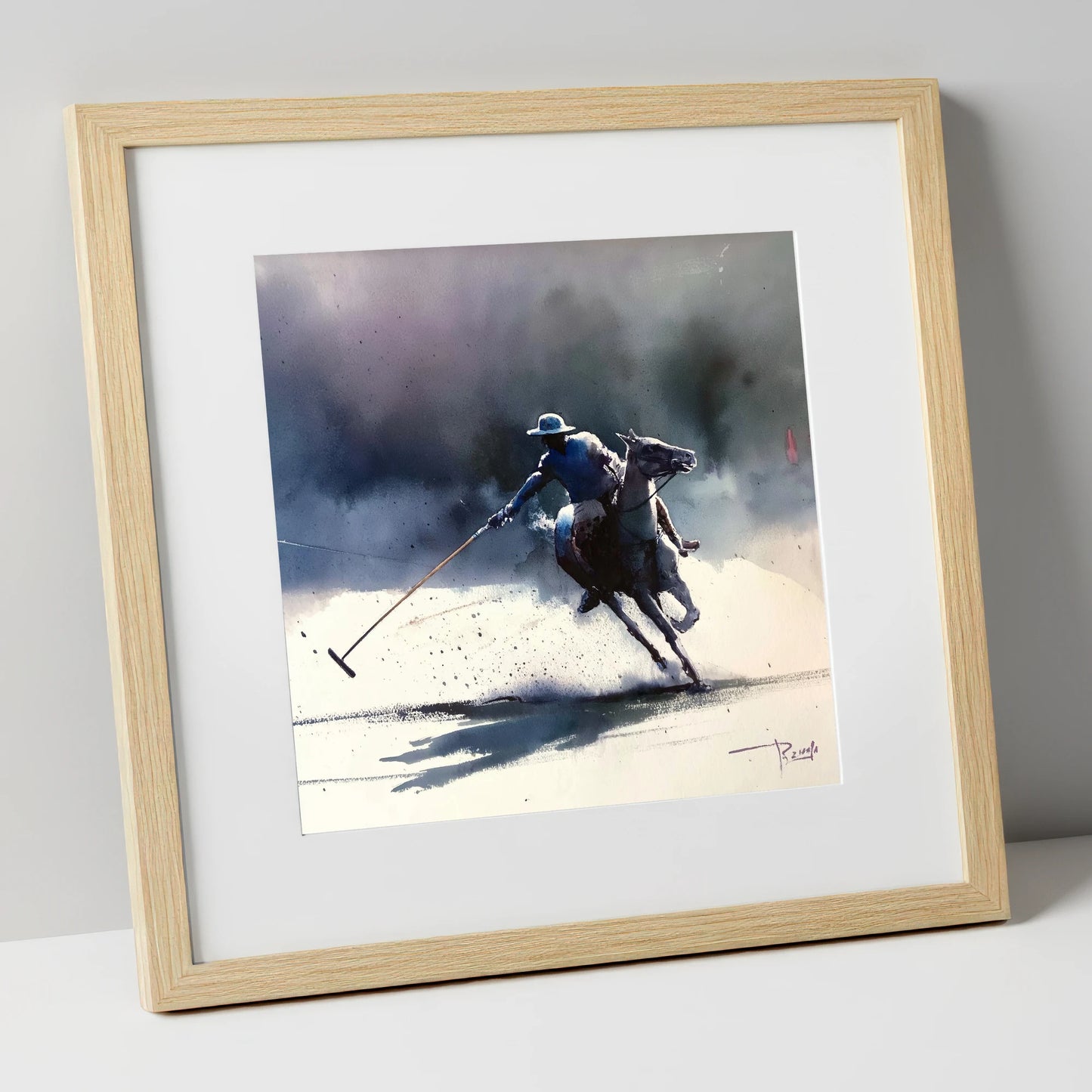 The Decisive Strike polo horse art print in natural frame