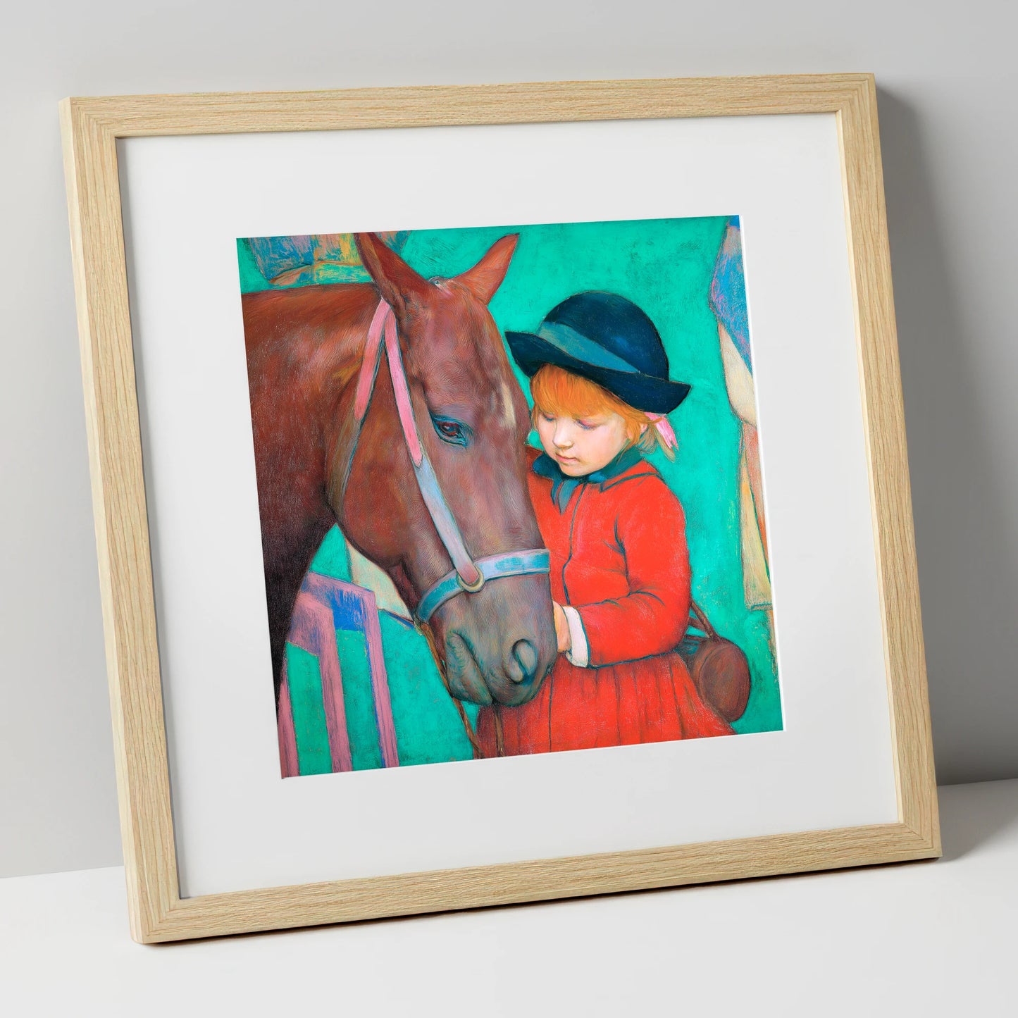 The Gentle Introduction horse & rider art print in natural frame
