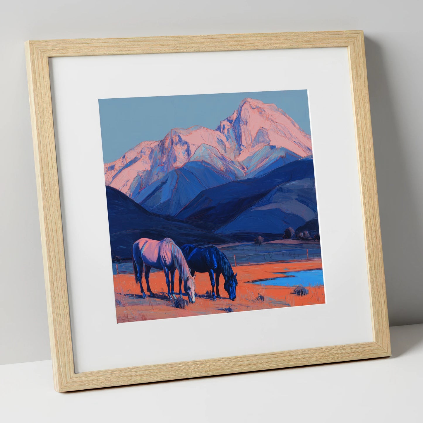 Indigo Mountain Pastures horse landscape art print in natural frame