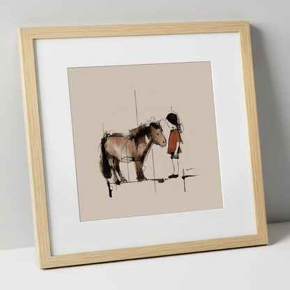 Silent Understanding horse & rider art print in natural frame