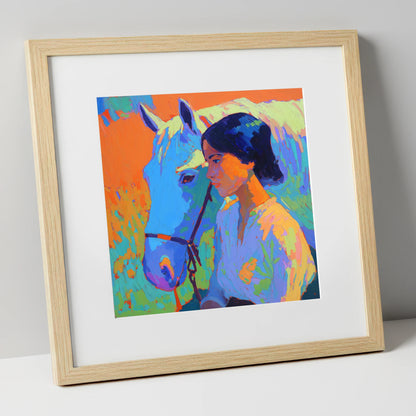 Vibrant Connection horse & rider art print in natural frame