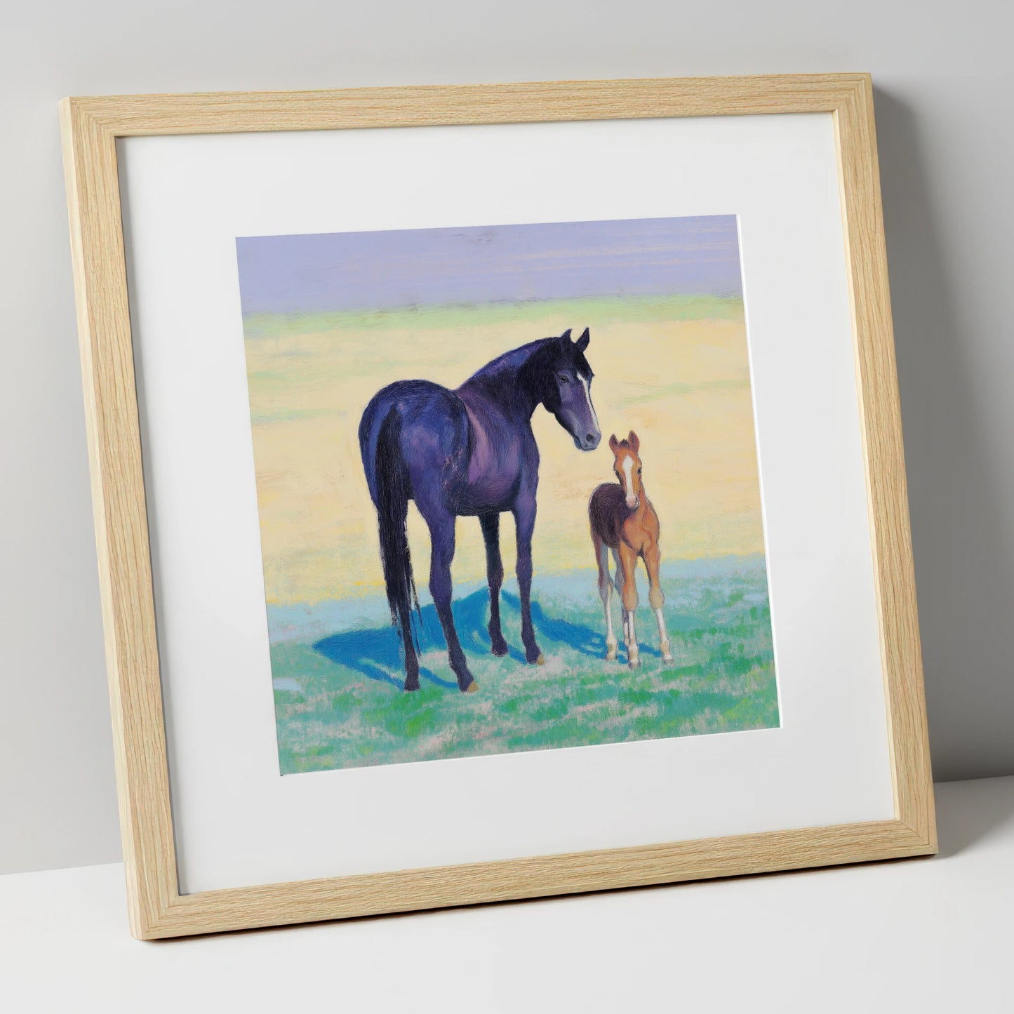 The Gentle Watch mare & foal art print in natural frame