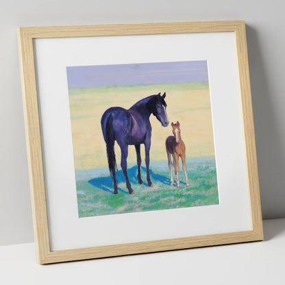 The Gentle Watch mare & foal art print in natural frame