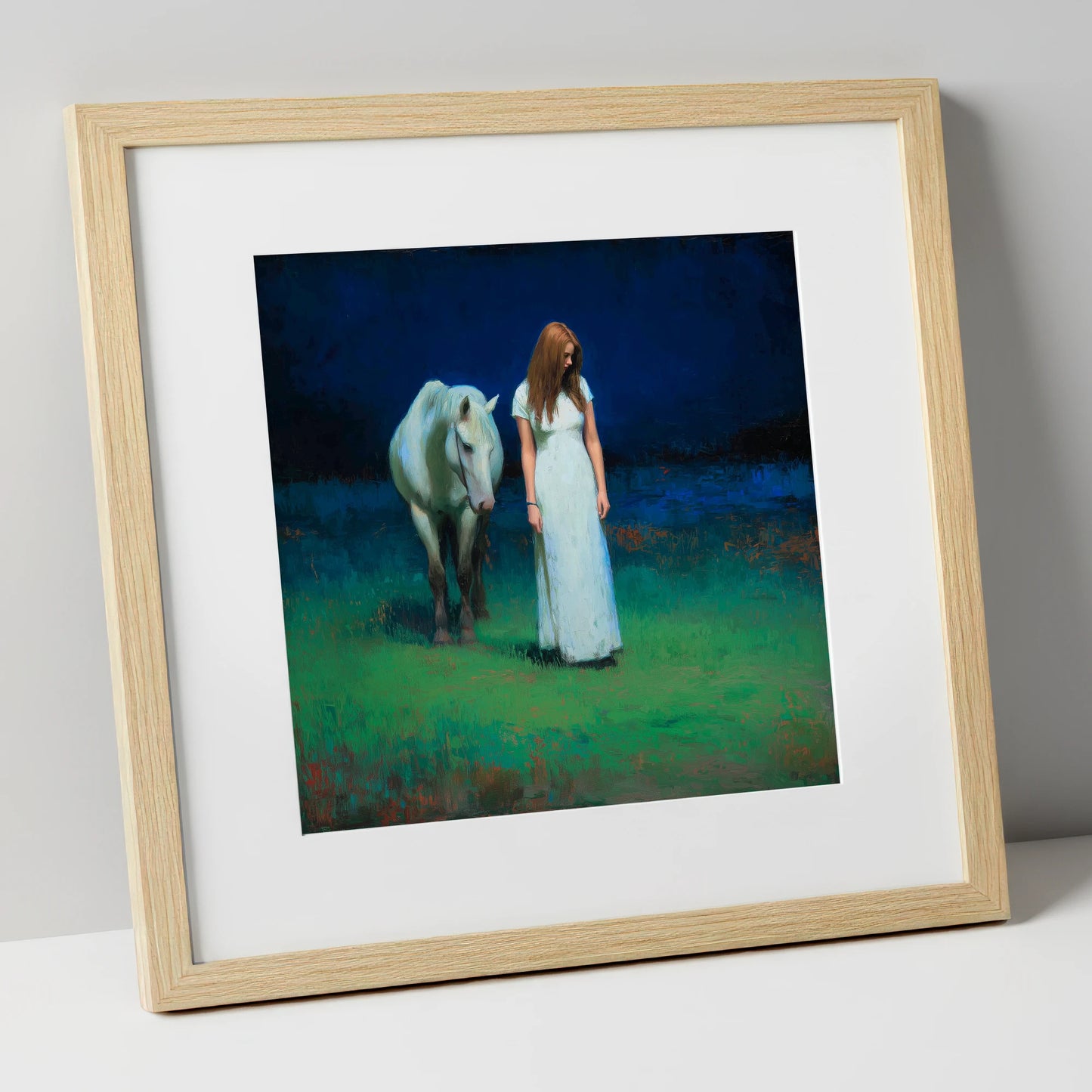 The Quiet Hour horse & rider art print in natural frame