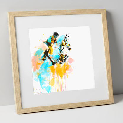 Suspended in Colour show jumping horse art print in natural frame