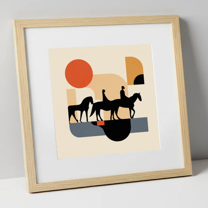 Retro Equine Trail horse landscape art print in natural frame