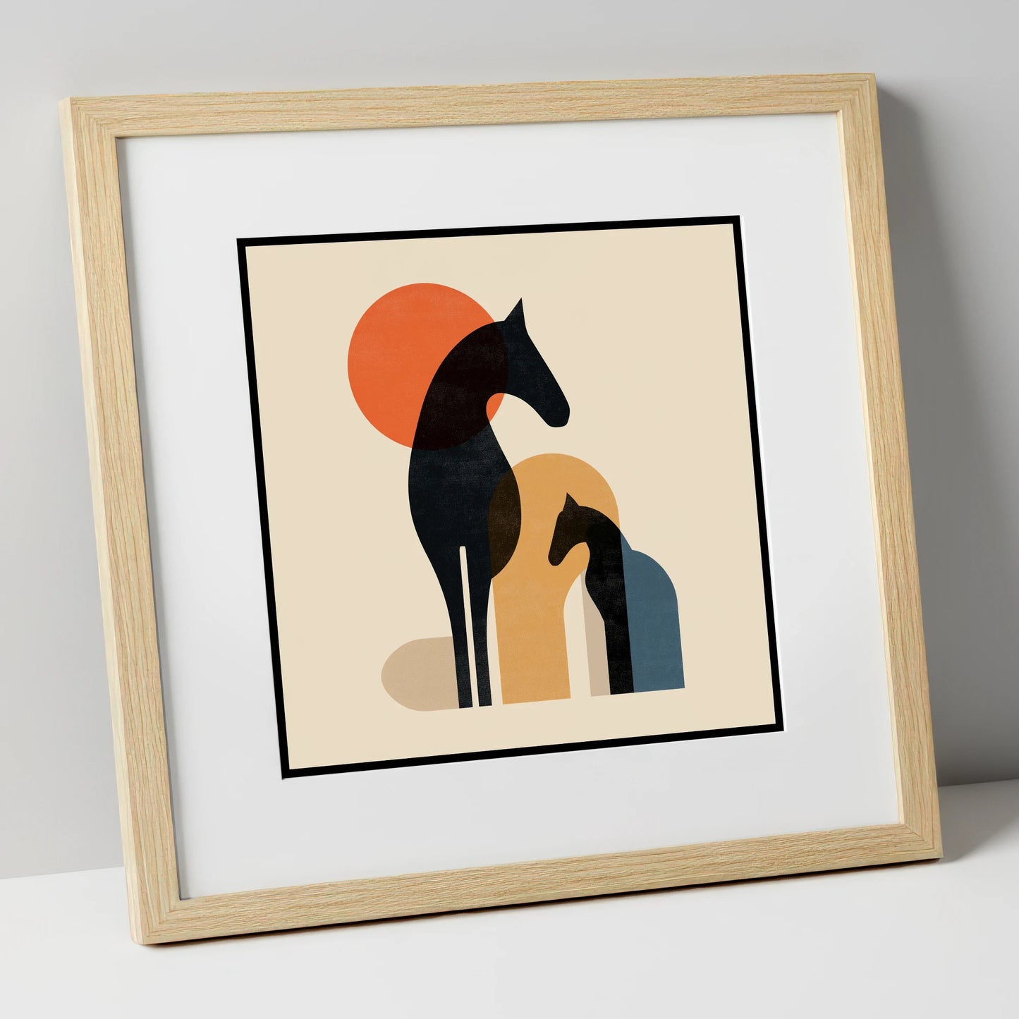 Geometric Equine Harmony horse & rider art print in natural frame