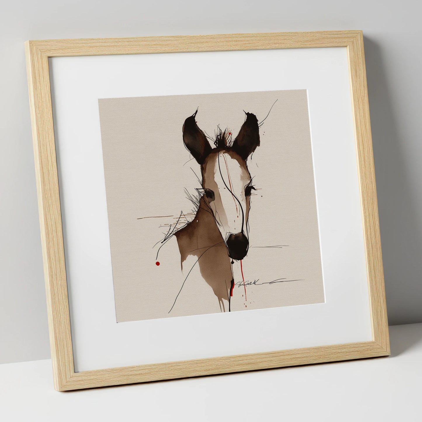 Delicate Ink Foal horse portrait art print in natural frame