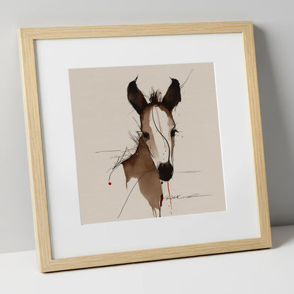 Delicate Ink Foal horse portrait art print in natural frame