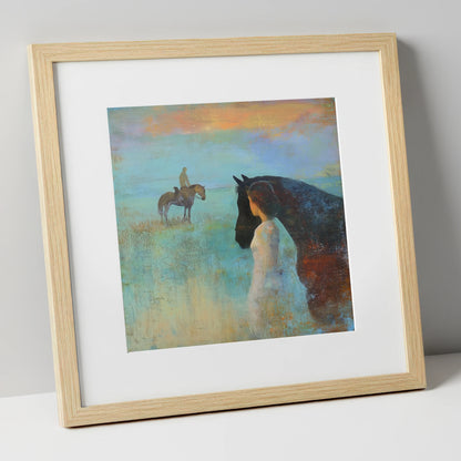 Distant Echoes horse & rider art print in natural frame