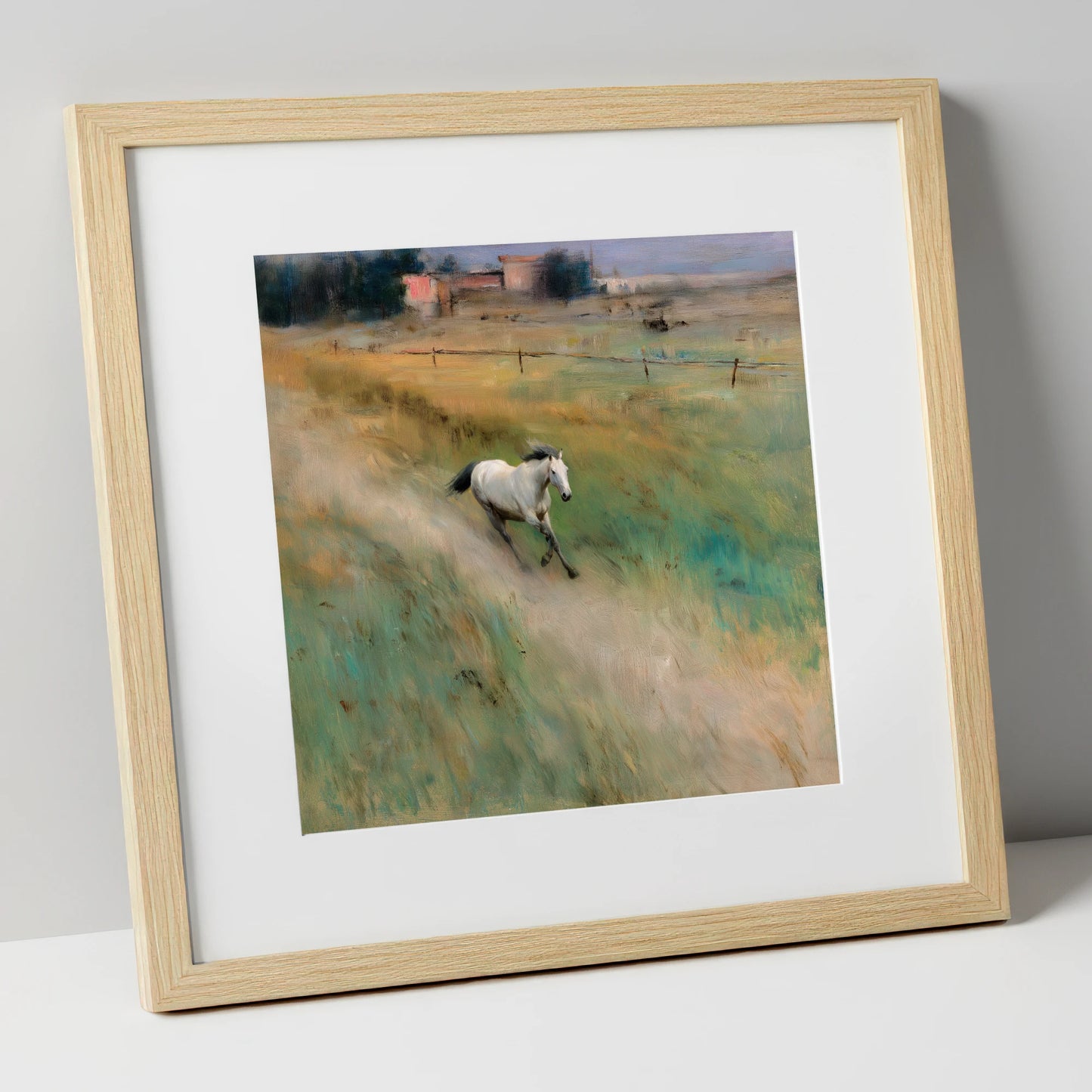 Morning Canter across the Lowlands horse landscape art print in natural frame