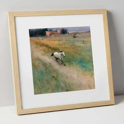 Morning Canter across the Lowlands horse landscape art print in natural frame