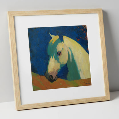 The Vibrant Grey horse portrait art print in natural frame