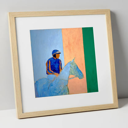 Stillness In The Saddle racing horse art print in natural frame