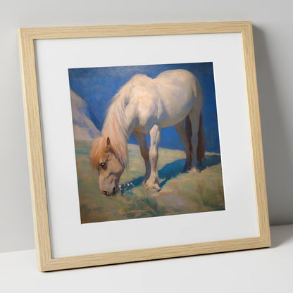Sunlit Grazing horse breed art print in natural frame